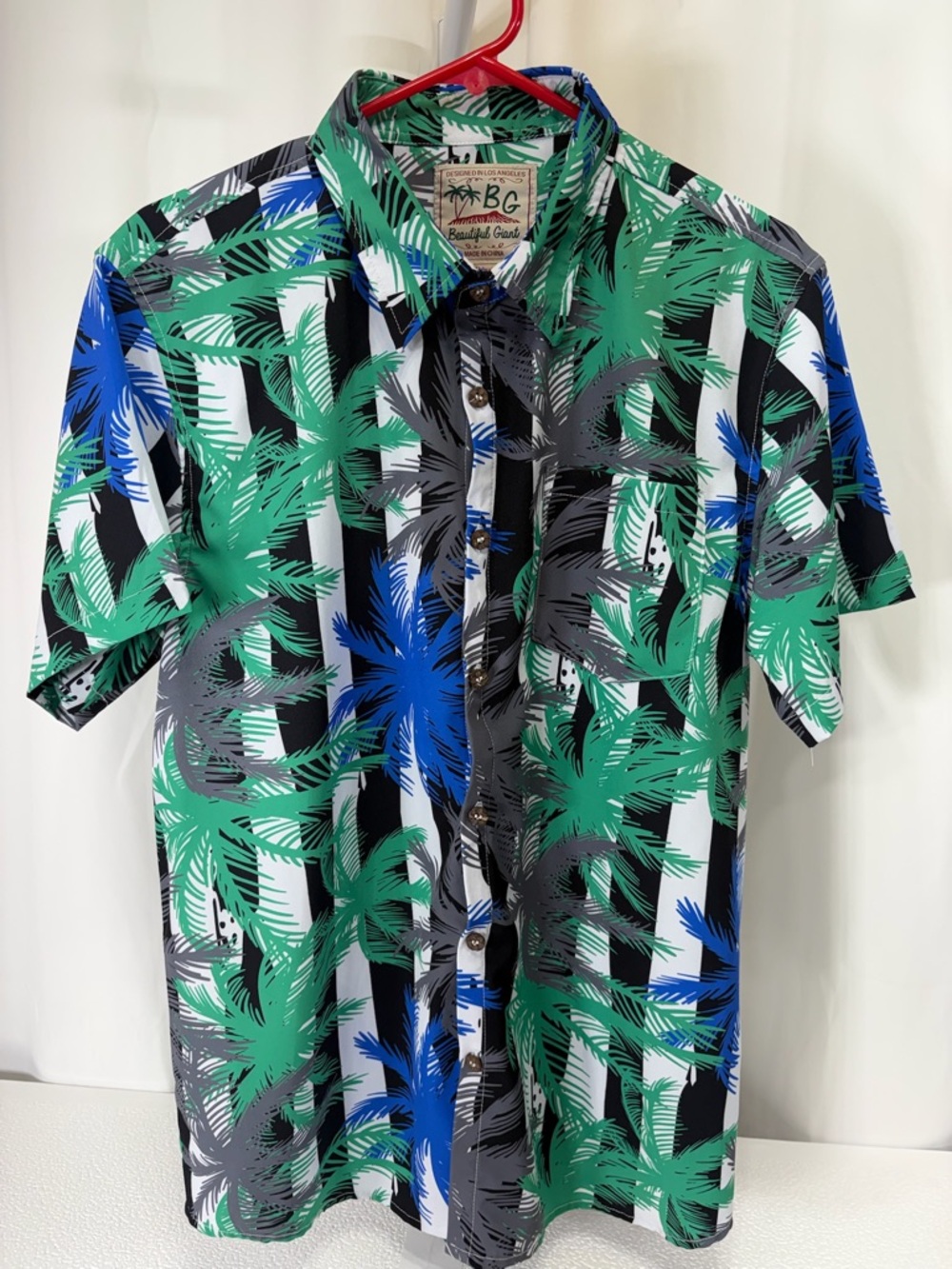 BG Palm-Print Short-Sleeve Button-Down Shirt — Green & Blue 2831
